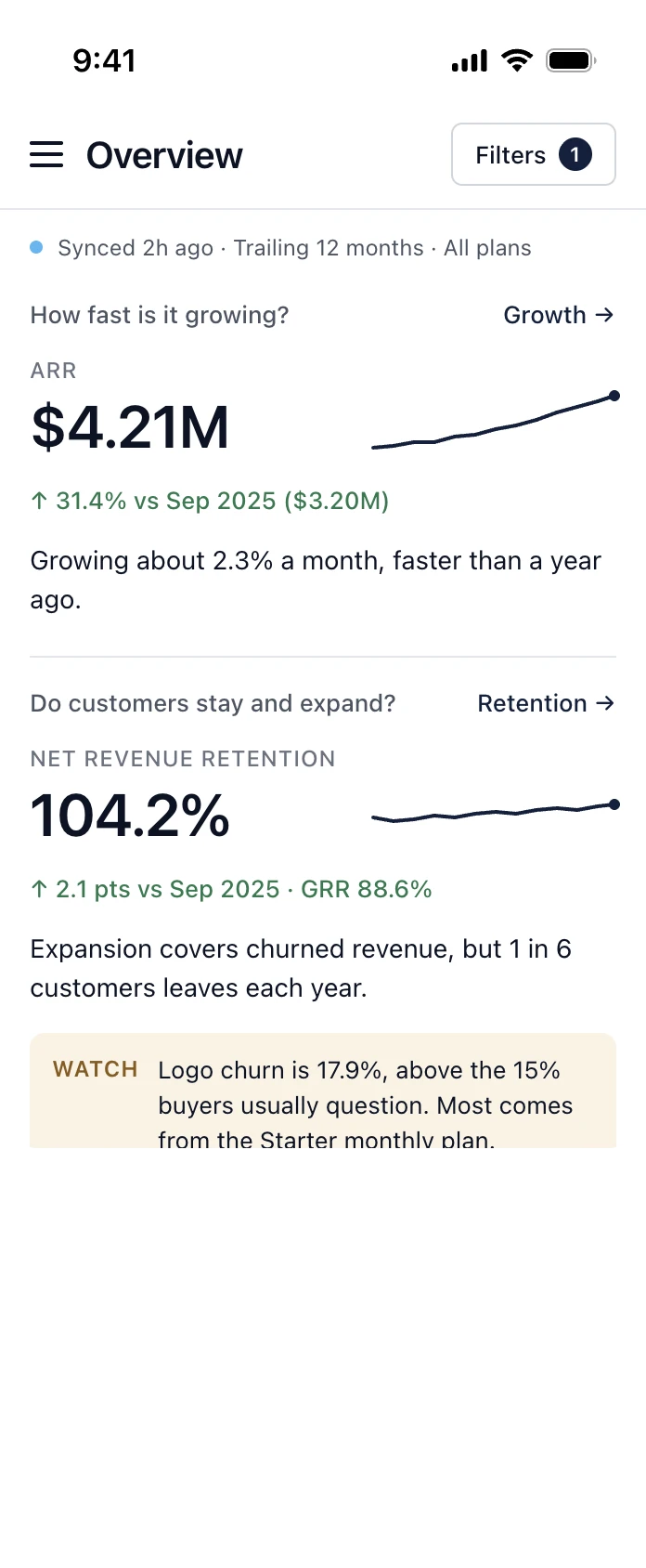 Bright Vault Overview on a phone: ARR of $4.21M and net revenue retention of 104.2%, with a watch note on logo churn.